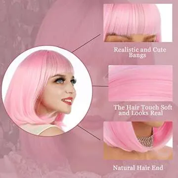 eNilecor Short Bob Hair Wigs 12" Straight with Flat Bangs Synthetic Colorful Cosplay Daily Party Wig for Women Natural As Real Hair+ Free Wig Cap (Light Pink)