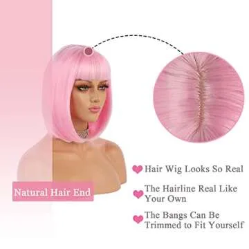 eNilecor Short Bob Hair Wigs 12" Straight with Flat Bangs Synthetic Colorful Cosplay Daily Party Wig for Women Natural As Real Hair+ Free Wig Cap (Light Pink)