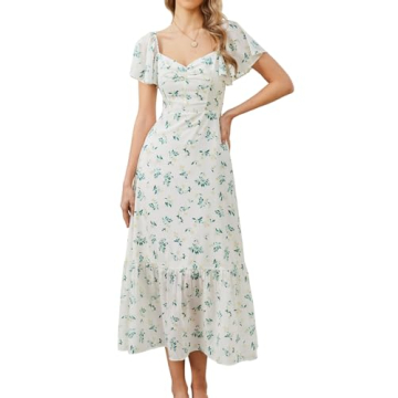 GLNEGE Women's 2024 Summer Short Sleeve Midi Floral Dresses Casual Boho Flowy Beach Dress Smocked Su...