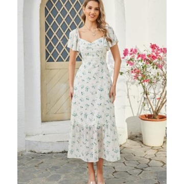 GLNEGE Women's 2024 Summer Short Sleeve Midi Floral Dresses Casual Boho Flowy Beach Dress Smocked Sundresses