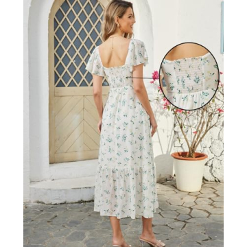 GLNEGE Women's 2024 Summer Short Sleeve Midi Floral Dresses Casual Boho Flowy Beach Dress Smocked Sundresses