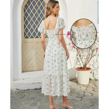 GLNEGE Women's 2024 Summer Short Sleeve Midi Floral Dresses Casual Boho Flowy Beach Dress Smocked Sundresses