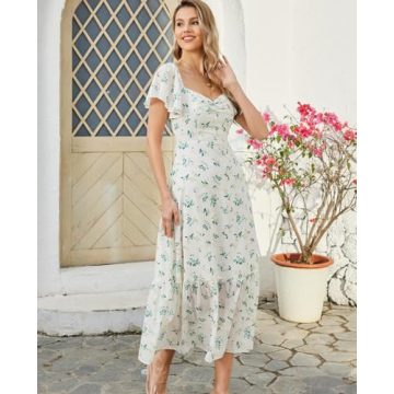 GLNEGE Women's 2024 Summer Short Sleeve Midi Floral Dresses Casual Boho Flowy Beach Dress Smocked Sundresses