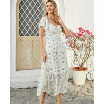 GLNEGE Women's 2024 Summer Short Sleeve Midi Floral Dresses Casual Boho Flowy Beach Dress Smocked Sundresses