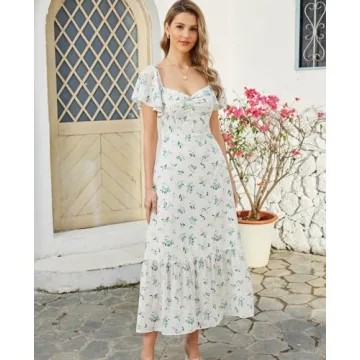 GLNEGE Women's 2024 Summer Short Sleeve Midi Floral Dresses Casual Boho Flowy Beach Dress Smocked Sundresses