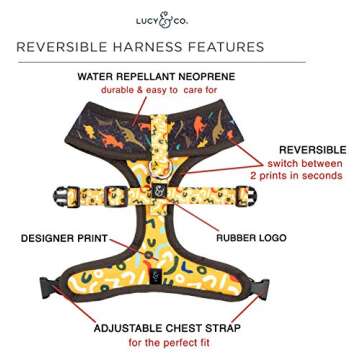 Reversible Dog Harness Walking Halter - Best Designer Pet Harnesses for Extra Small Medium Large XL Dogs Plus Pug Breeds - Padded Adjustable Puppy Vest for Easy Walking (Large, Prehistoric Party)