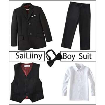 Kids Suits for Boys Tuxedo 5 Pieces Blazer Vest Pants Shirt Slim Fit Suits for Boys Size 6 Black