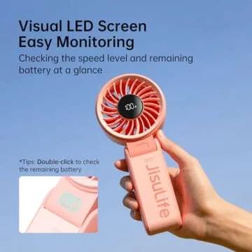 JISULIFE Handheld Fan Life7 – Ultimate Flexibility: High-Power Motor, LED Display, 5000mAh Rechargeable, 5-Speed, Foldable Design, 3-IN-1 Portable Hand/Desk/Neck Fan for Travel, Gift for Women (Pink)