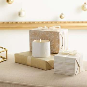 Thymes Frasier Fir Candle - Gilded Collection - Wood Grain Ceramic Design with 24-Karate Gold Rim - ...