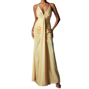 BELLA BARNETT Yellow Satin Dress for Women - Elegant Spaghetti Strap Dress for Occasions