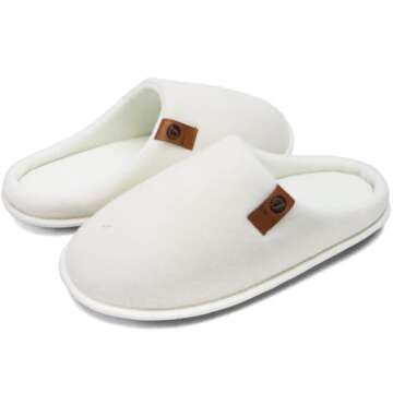 ONCAI Mens Scuff Slippers Cozy Memory Foam Knit Felt Warm House Shoes Slip On Indoor/Outdoor with Arch Surpport White Size 8.5