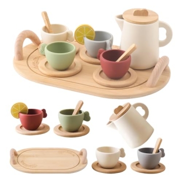 Tea Party Set for Kids, Wooden Tea Set for Little Girls and Boys, Kids Play Kitchen Accessories Toy ...