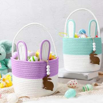 Wonderjune 2 Pcs Large Easter Baskets Woven Rope Bunny Basket Unique Easter Basket with Rabbit Wood ...