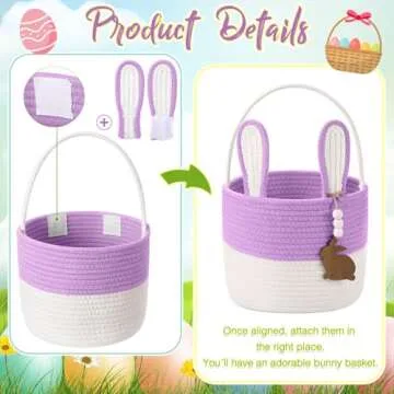 Wonderjune 2 Pcs Large Easter Baskets Woven Rope Bunny Basket Unique Easter Basket with Rabbit Wood Name Tags for Egg Hunt Girls Boys(Green White,Purple White)