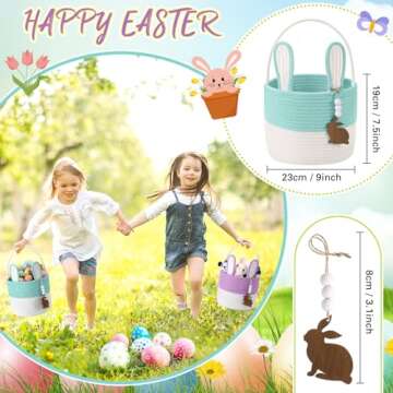 Wonderjune 2 Pcs Large Easter Baskets Woven Rope Bunny Basket Unique Easter Basket with Rabbit Wood Name Tags for Egg Hunt Girls Boys(Green White,Purple White)