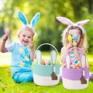 Wonderjune 2 Pcs Large Easter Baskets Woven Rope Bunny Basket Unique Easter Basket with Rabbit Wood Name Tags for Egg Hunt Girls Boys(Green White,Purple White)