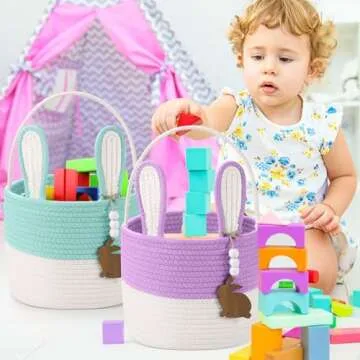 Wonderjune 2 Pcs Large Easter Baskets Woven Rope Bunny Basket Unique Easter Basket with Rabbit Wood Name Tags for Egg Hunt Girls Boys(Green White,Purple White)