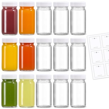 15 Pack 2 oz Glass Shot Bottles w/ White Lids & 15 Labels - Small Clear Jar for Ginger, Wellness Sho...