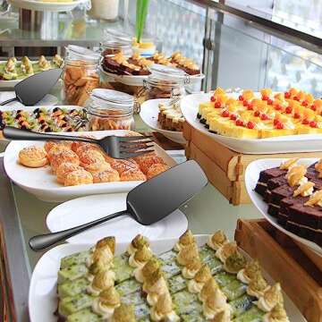 A · HOUSEWAR Black Flatware Serving Set 7 Piece Stainless Steel Catering Utensils include Soup Ladle Large Slotted Spoon Big Server Fork12” Cake Knife Pizza Spatula Parties Buffet