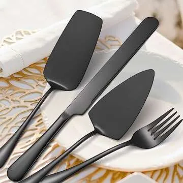 A · HOUSEWAR Black Flatware Serving Set 7 Piece Stainless Steel Catering Utensils include Soup Ladle Large Slotted Spoon Big Server Fork12” Cake Knife Pizza Spatula Parties Buffet