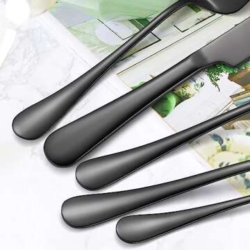 A · HOUSEWAR Black Flatware Serving Set 7 Piece Stainless Steel Catering Utensils include Soup Ladle Large Slotted Spoon Big Server Fork12” Cake Knife Pizza Spatula Parties Buffet