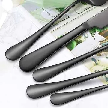 A · HOUSEWAR Black Flatware Serving Set 7 Piece Stainless Steel Catering Utensils include Soup Ladle Large Slotted Spoon Big Server Fork12” Cake Knife Pizza Spatula Parties Buffet