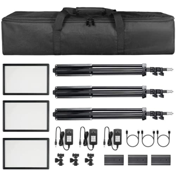 SUPON 3 Pack LED Video Light Stand Lighting Kit with Battery/Charger for Studio Photography YouTube Video Shooting,Bi-Color 3300K-5600K Ultra Slim Countinuous Output Lighting Panel
