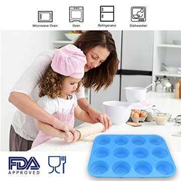 homEdge 12-Cup Silicone Muffin Pan, Pack of 2 Non-Stick Muffin Molds, Baking Pan for Cupcake, Tarts, Egg Bites-Blue
