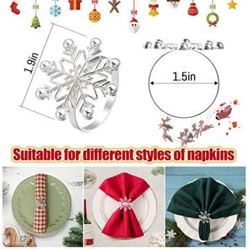 Set of 6 Christmas Napkin Rings- 8 Petal Snowflake Napkin Holder Rings Silver Xmas Napkin Buckle for Christmas Holiday Party Dinner Wedding Banquet Dinning Table Settings Decoration