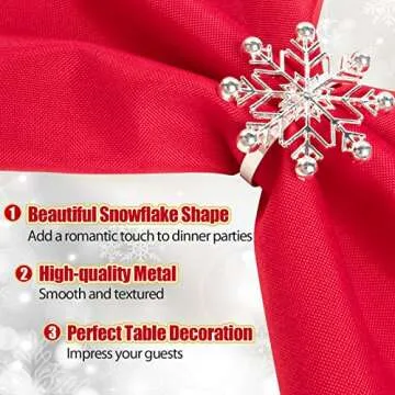Set of 6 Christmas Napkin Rings- 8 Petal Snowflake Napkin Holder Rings Silver Xmas Napkin Buckle for Christmas Holiday Party Dinner Wedding Banquet Dinning Table Settings Decoration