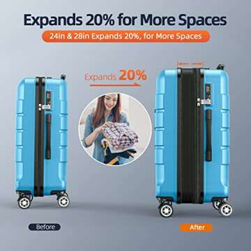 SHOWKOO Luggage Sets Expandable PC+ABS Durable Suitcase Sets Double Wheels TSA Lock 4 Piece Luggage Set Sky Blue