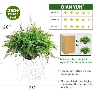 QIANYUN 2PCS Outdoor Hanging Ferns - Realistic Decor
