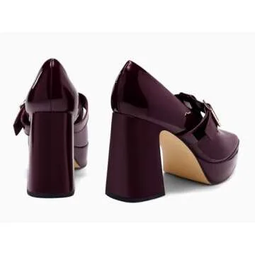 Coutgo Womens Platform Mary Jane Pumps T Strap Chunky High Heels Buckle Business Casual Dress Shoes,Wine Red,Size 7.5