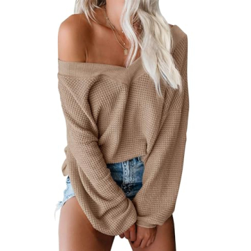 ReachMe Womens Oversized Off The Shoulder Tops Long Sleeve Waffle Knit Shirt Drop Shoulder Sweater T...