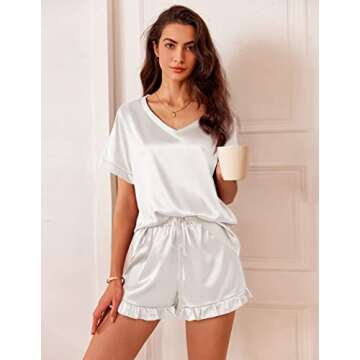 Ekouaer Satin Pajamas for Women Short Sleeve Silk Sleepwear 2 Piece Pjs Set with Ruffled Shorts Casual Loungewear White Large