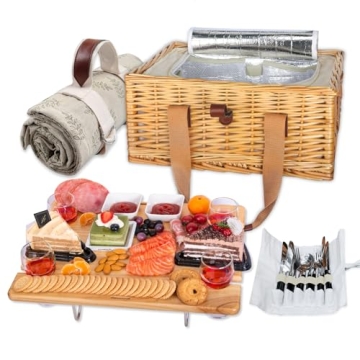 Hap Tim Wicker Picnic Basket for 4 with Mini Folding Wine Picnic Table & Large Insulated Cooler Bag ...