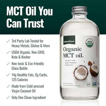 Natural Force 100% Virgin Coconut MCT Oil - 16oz Glass Bottle, Certified Keto, Paleo, Kosher, Vegan & Non-GMO