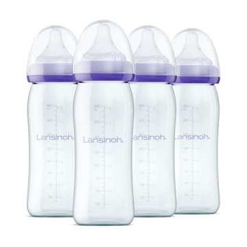 Lansinoh Anti-Colic Glass Baby Bottles for Breastfeeding Babies - 4 Count, 8oz | Eco-Friendly, Leak-...