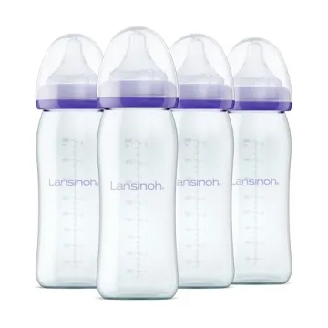 Lansinoh Anti-Colic Glass Baby Bottles for Breastfeeding Babies - 4 Count, 8oz | Eco-Friendly, Leak-...