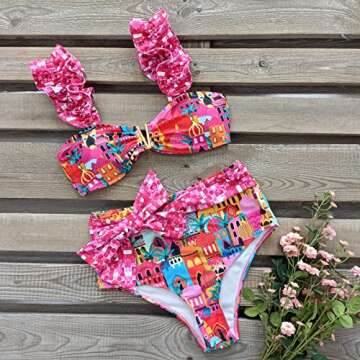 SPORLIKE Women High Waisted Swimsuit Flounce Straps Bikini Tie Back Straps Bathing Suit(Castle Print,Small)