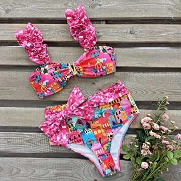 SPORLIKE Women High Waisted Swimsuit Flounce Straps Bikini Tie Back Straps Bathing Suit(Castle Print,Small)