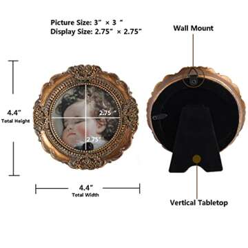 VINLIFE Vintage Round Picture Frames - 3x3 Small Antique Mini Frames, Ornate Collage Wall Mount and Tabletop, Embossed Floral Bronze Gold