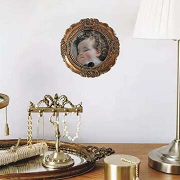 VINLIFE Vintage Round Picture Frames - 3x3 Small Antique Mini Frames, Ornate Collage Wall Mount and Tabletop, Embossed Floral Bronze Gold