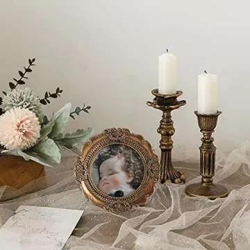 VINLIFE Vintage Round Picture Frames - 3x3 Small Antique Mini Frames, Ornate Collage Wall Mount and Tabletop, Embossed Floral Bronze Gold