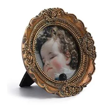 VINLIFE Vintage Round Picture Frames - 3x3 Small Antique Mini Frames, Ornate Collage Wall Mount and Tabletop, Embossed Floral Bronze Gold