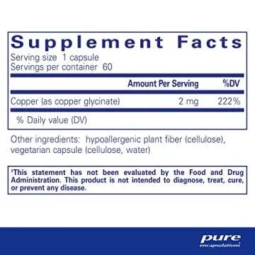 Pure Encapsulations Copper Glycinate 60's - 2 mg Copper Supplement for Energy Metabolism and Red Blo...