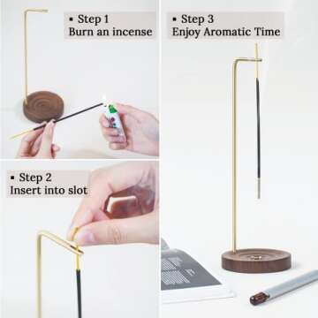 SEEDWAVE Walnut Incense-Sticks Holder, Japanese Incense Burner with Wood Ash Catcher, Upside-Down Incense Holder for Yoga Meditation （1 Set）