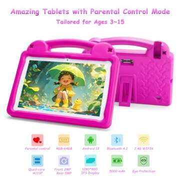 Ruufuuxy Kid Tablet, Android 13 Tablet 10 Inch for Kids 3-7 with 4GB RAM 64GB ROM, WiFi 6, 5000mah Battery, GMS, 2.0MP + 5.0 MP (Pink with EVA Case)