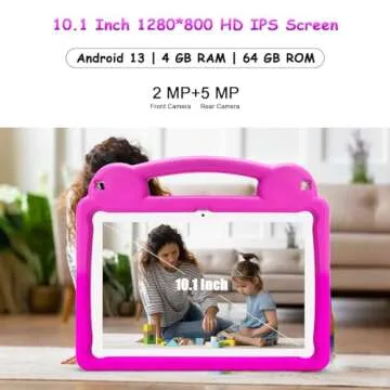 Ruufuuxy Kid Tablet, Android 13 Tablet 10 Inch for Kids 3-7 with 4GB RAM 64GB ROM, WiFi 6, 5000mah Battery, GMS, 2.0MP + 5.0 MP (Pink with EVA Case)