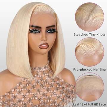 SUPERLOOK Blonde Bob Wig Human Hair Straight 613 lace Front Bob Wig Human Hair 13x4 Transparent Lace Front Wig Human Hair Pre Plucked Bleached Knots 210% Density (14inch, 13X4 613 Bob Wig)